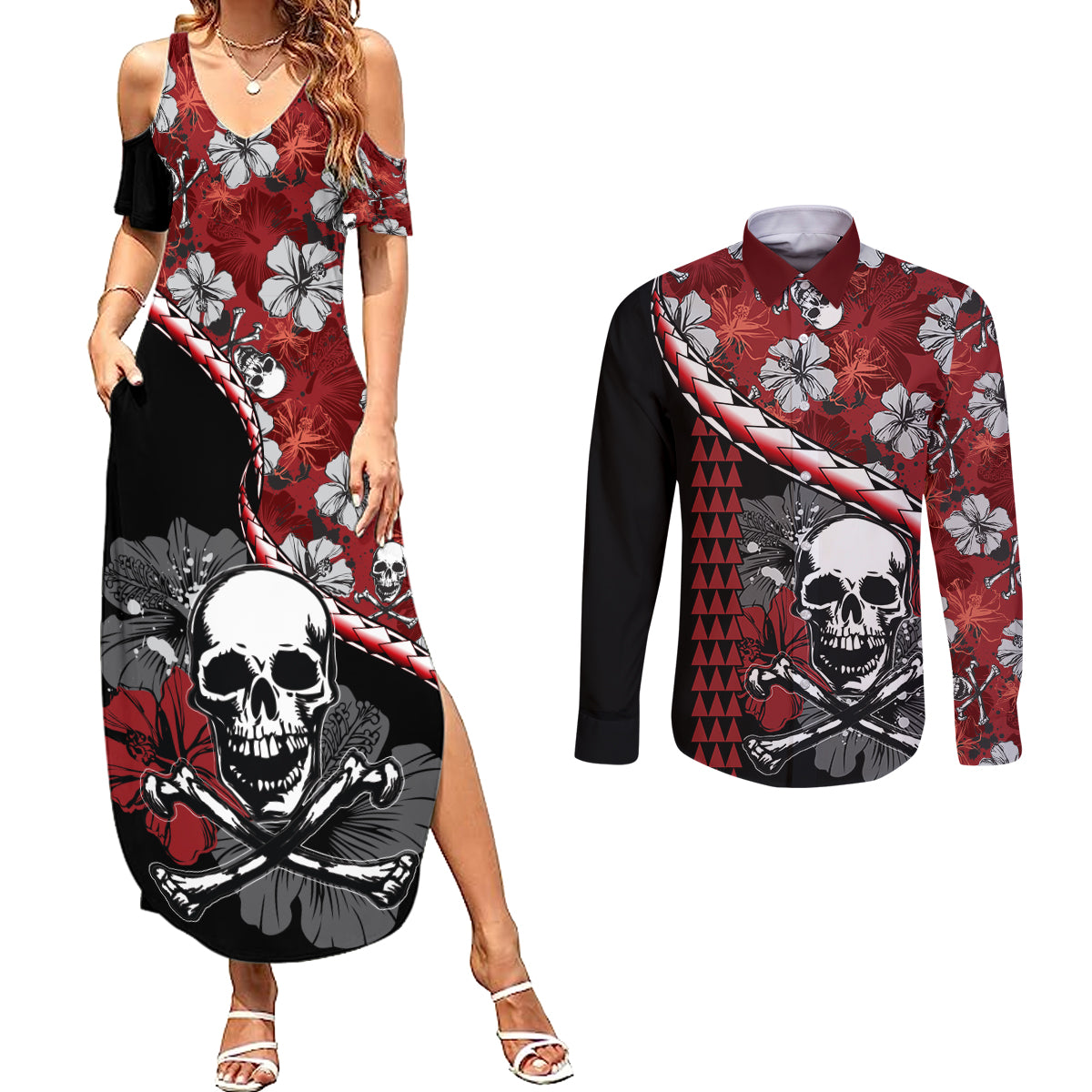 Hawaii Halloween Couples Matching Summer Maxi Dress and Long Sleeve Button Shirts Hibiscus Skull Kakau Pattern - Wonder Print Shop