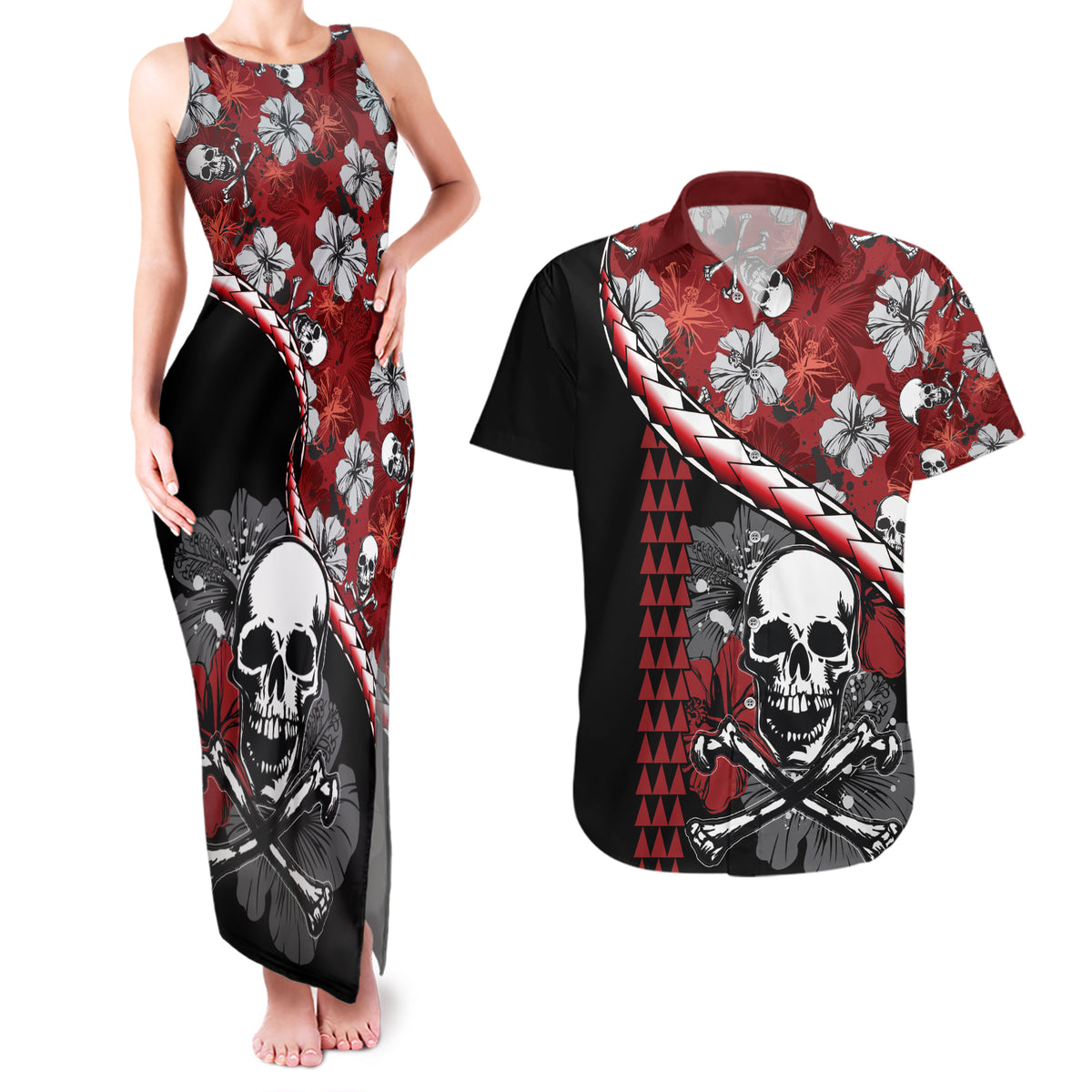 Hawaii Halloween Couples Matching Tank Maxi Dress and Hawaiian Shirt Hibiscus Skull Kakau Pattern - Wonder Print Shop