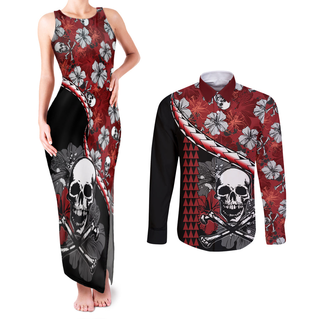 Hawaii Halloween Couples Matching Tank Maxi Dress and Long Sleeve Button Shirts Hibiscus Skull Kakau Pattern - Wonder Print Shop
