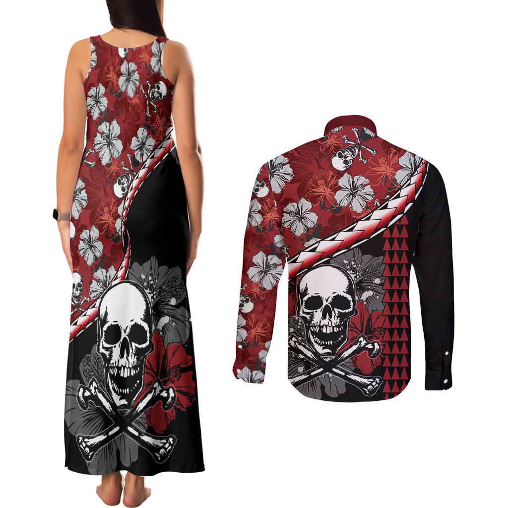 Hawaii Halloween Couples Matching Tank Maxi Dress and Long Sleeve Button Shirts Hibiscus Skull Kakau Pattern - Wonder Print Shop