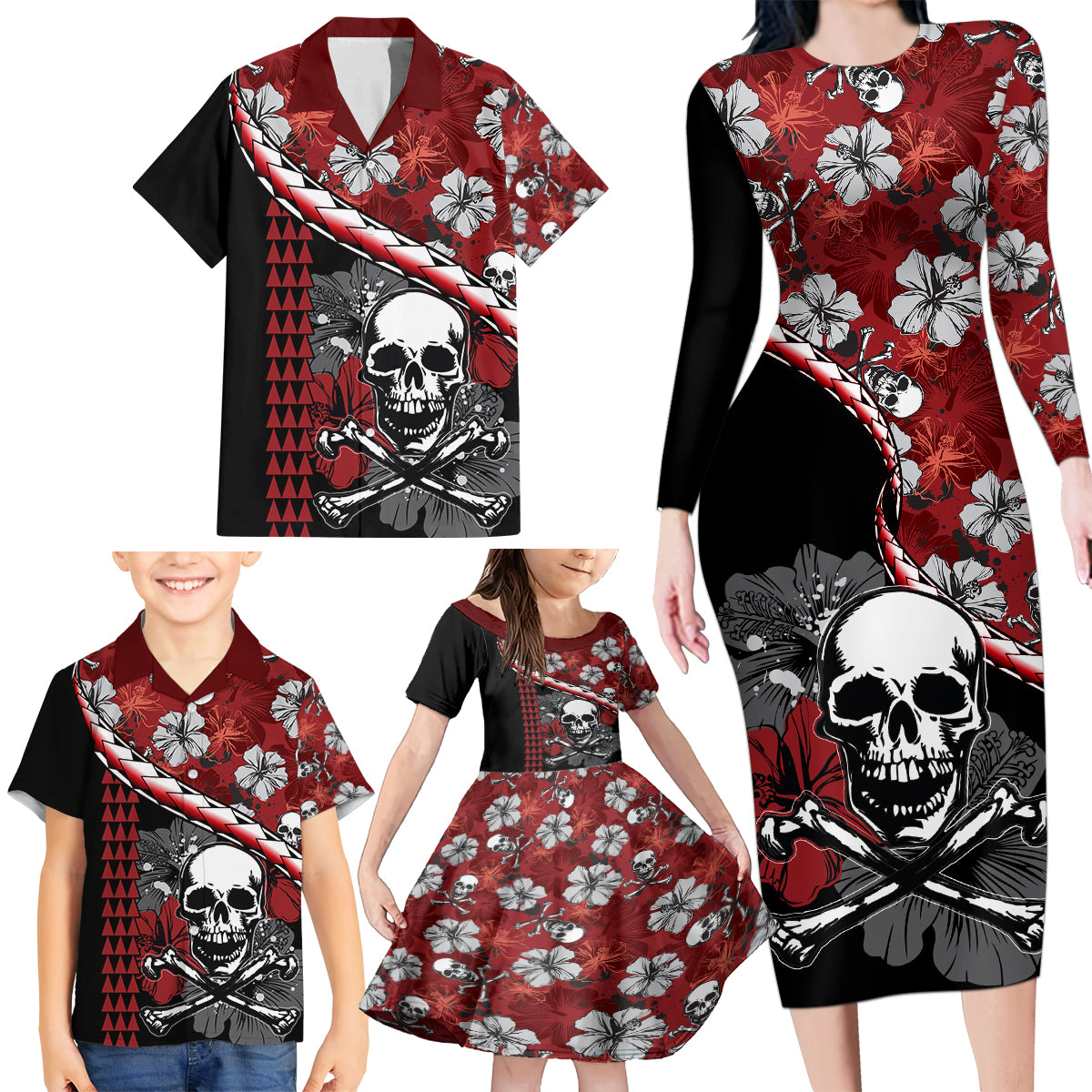 Hawaii Halloween Family Matching Long Sleeve Bodycon Dress and Hawaiian Shirt Hibiscus Skull Kakau Pattern - Wonder Print Shop