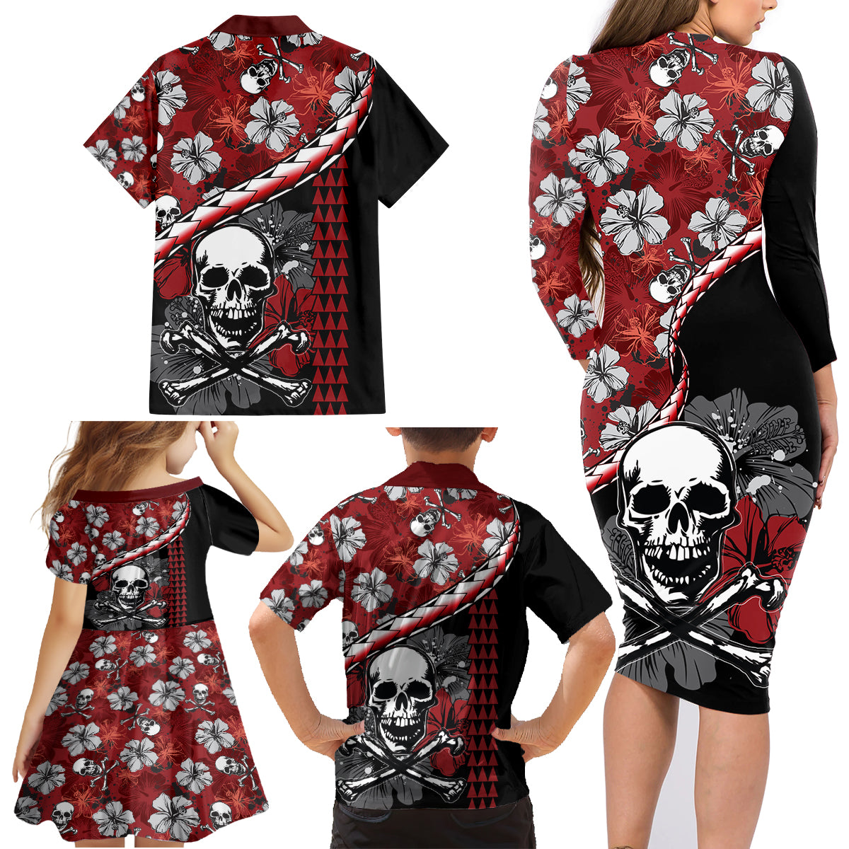 Hawaii Halloween Family Matching Long Sleeve Bodycon Dress and Hawaiian Shirt Hibiscus Skull Kakau Pattern - Wonder Print Shop