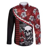 Hawaii Halloween Family Matching Long Sleeve Bodycon Dress and Hawaiian Shirt Hibiscus Skull Kakau Pattern - Wonder Print Shop