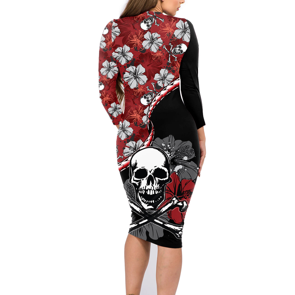 Hawaii Halloween Family Matching Long Sleeve Bodycon Dress and Hawaiian Shirt Hibiscus Skull Kakau Pattern - Wonder Print Shop