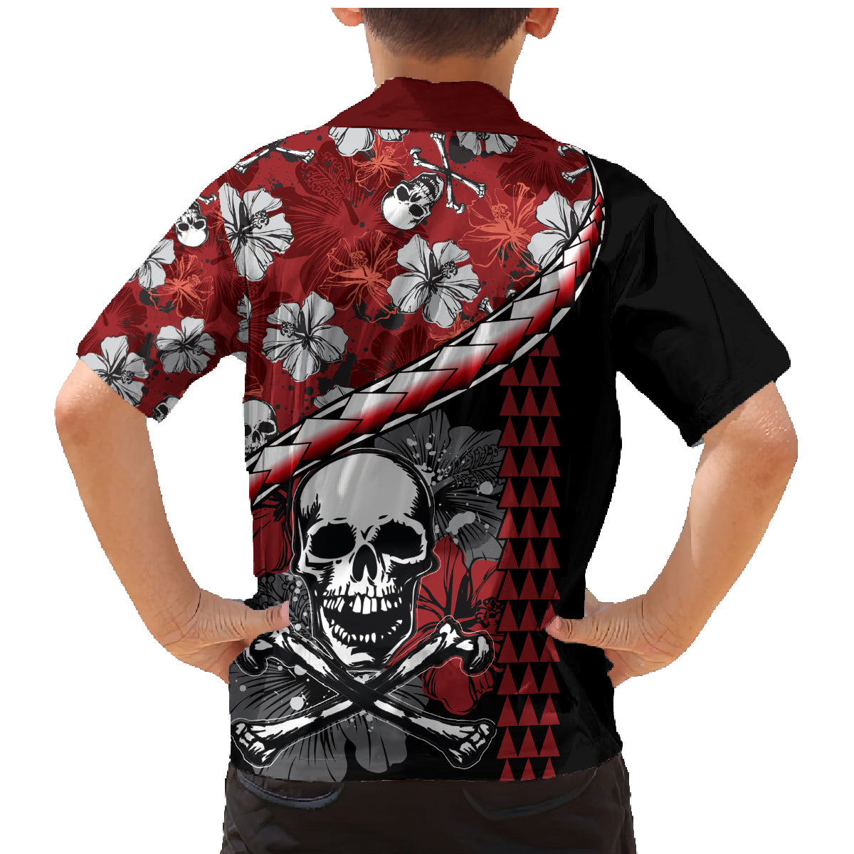 Hawaii Halloween Family Matching Mermaid Dress and Hawaiian Shirt Hibiscus Skull Kakau Pattern - Wonder Print Shop