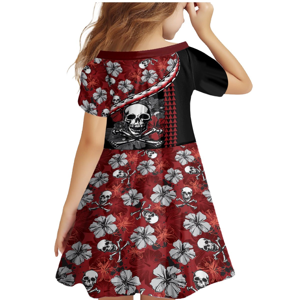Hawaii Halloween Family Matching Mermaid Dress and Hawaiian Shirt Hibiscus Skull Kakau Pattern - Wonder Print Shop