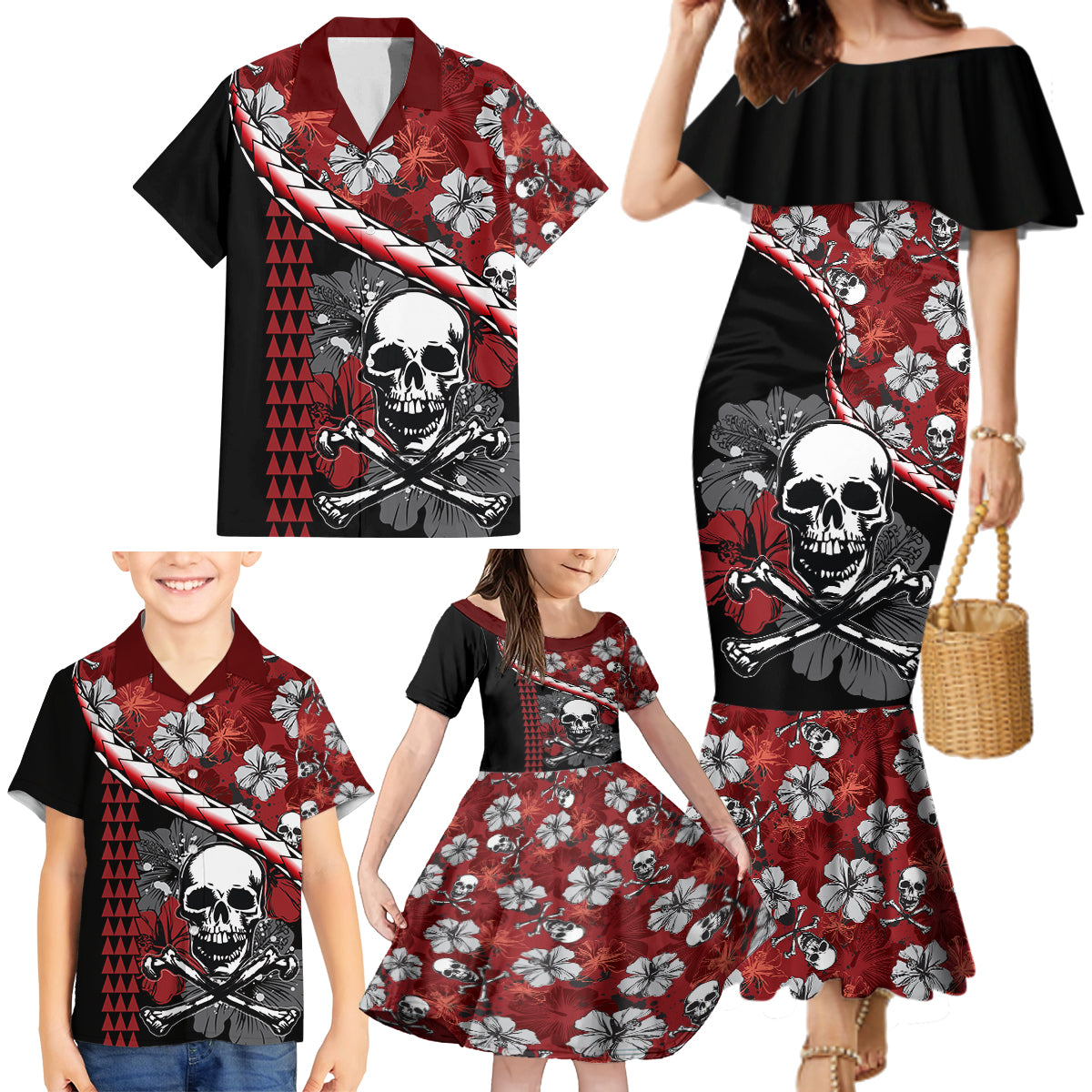Hawaii Halloween Family Matching Mermaid Dress and Hawaiian Shirt Hibiscus Skull Kakau Pattern - Wonder Print Shop