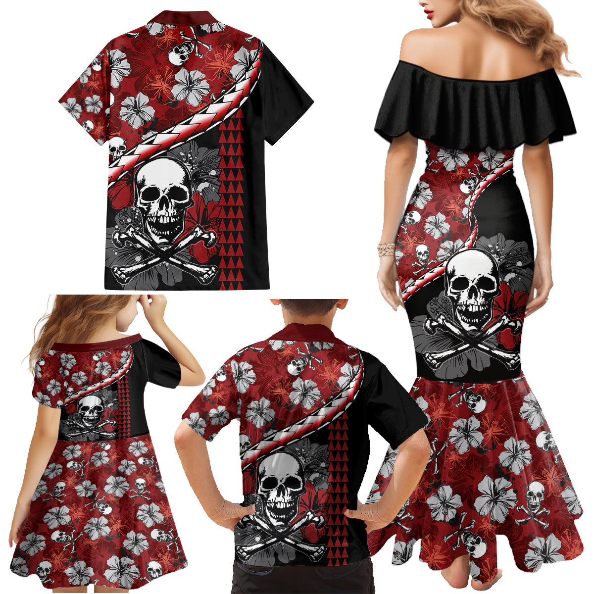 Hawaii Halloween Family Matching Mermaid Dress and Hawaiian Shirt Hibiscus Skull Kakau Pattern - Wonder Print Shop