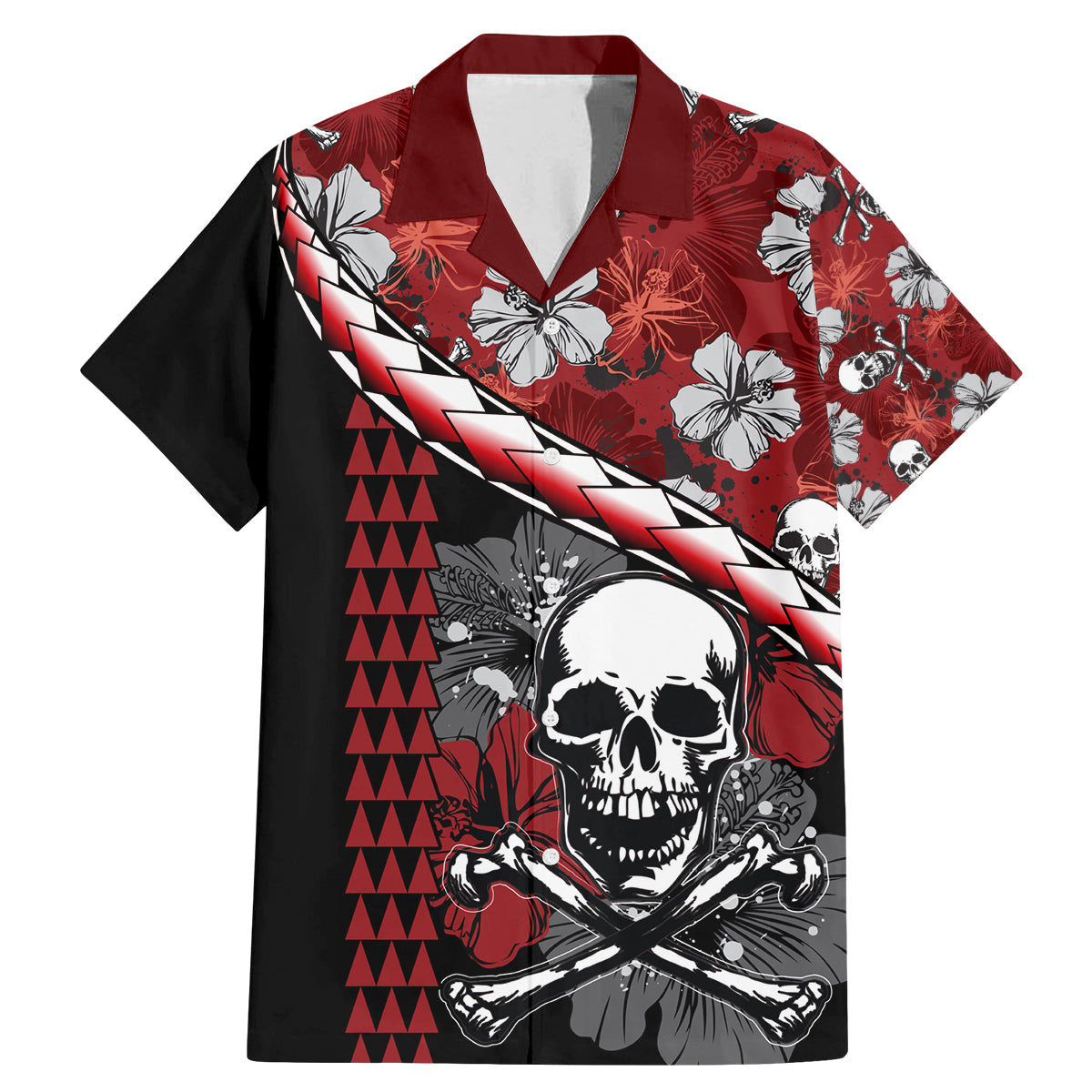 Hawaii Halloween Family Matching Mermaid Dress and Hawaiian Shirt Hibiscus Skull Kakau Pattern - Wonder Print Shop