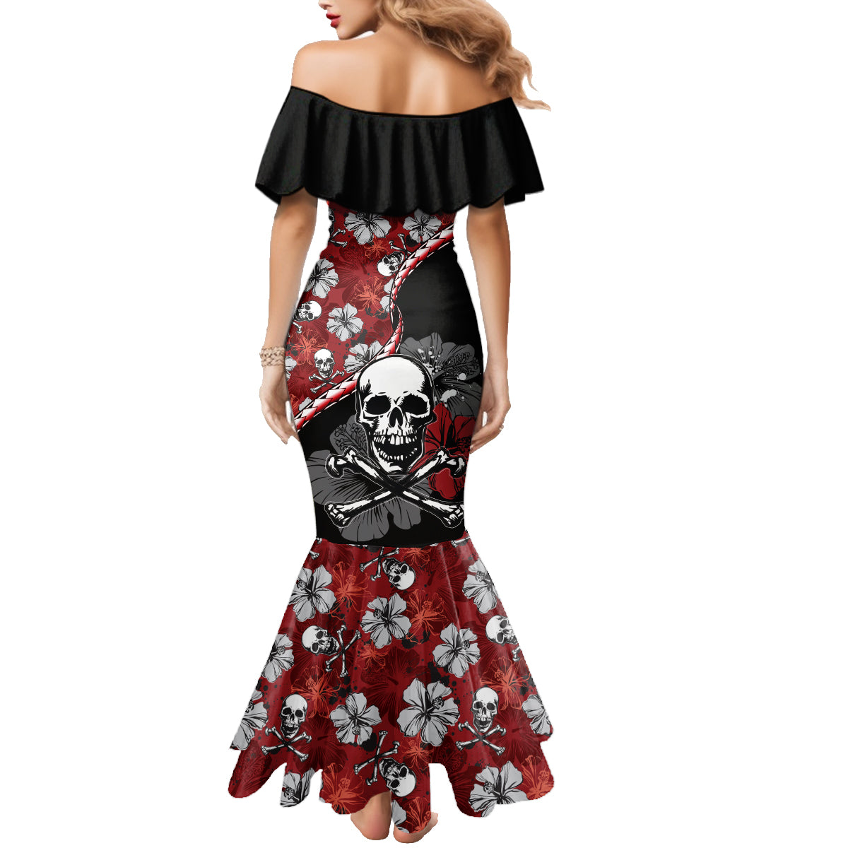 Hawaii Halloween Family Matching Mermaid Dress and Hawaiian Shirt Hibiscus Skull Kakau Pattern - Wonder Print Shop