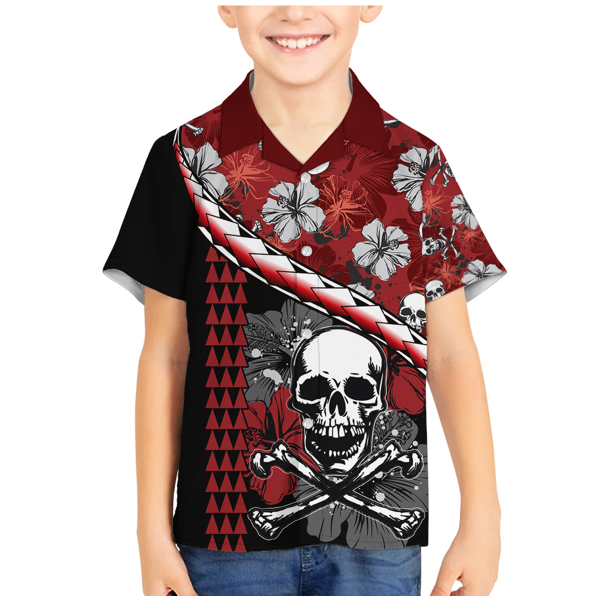Hawaii Halloween Family Matching Mermaid Dress and Hawaiian Shirt Hibiscus Skull Kakau Pattern - Wonder Print Shop