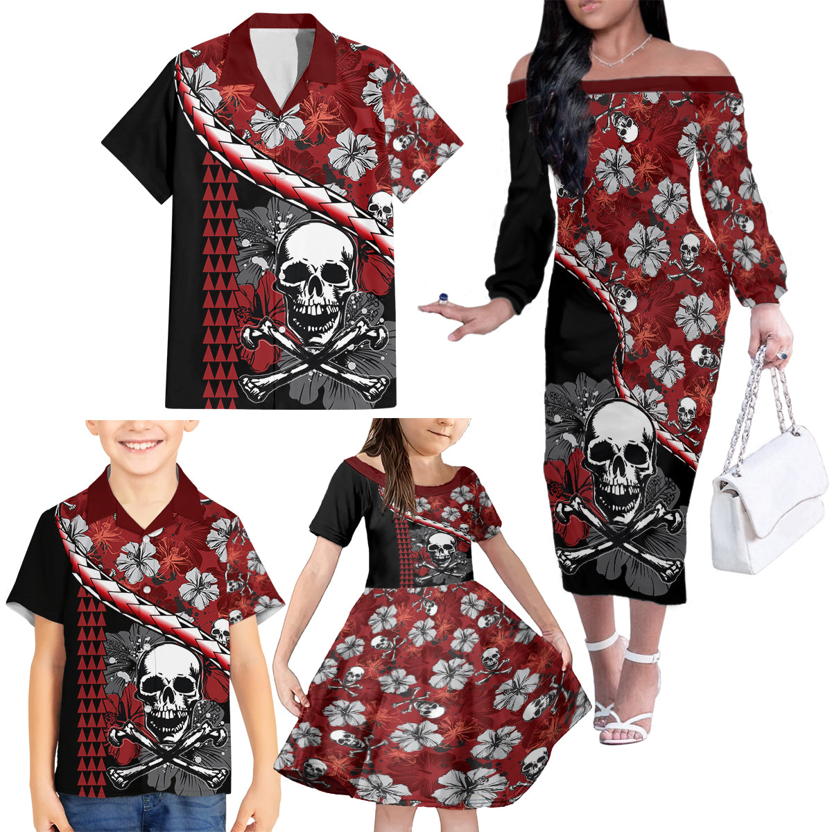Hawaii Halloween Family Matching Off Shoulder Long Sleeve Dress and Hawaiian Shirt Hibiscus Skull Kakau Pattern - Wonder Print Shop