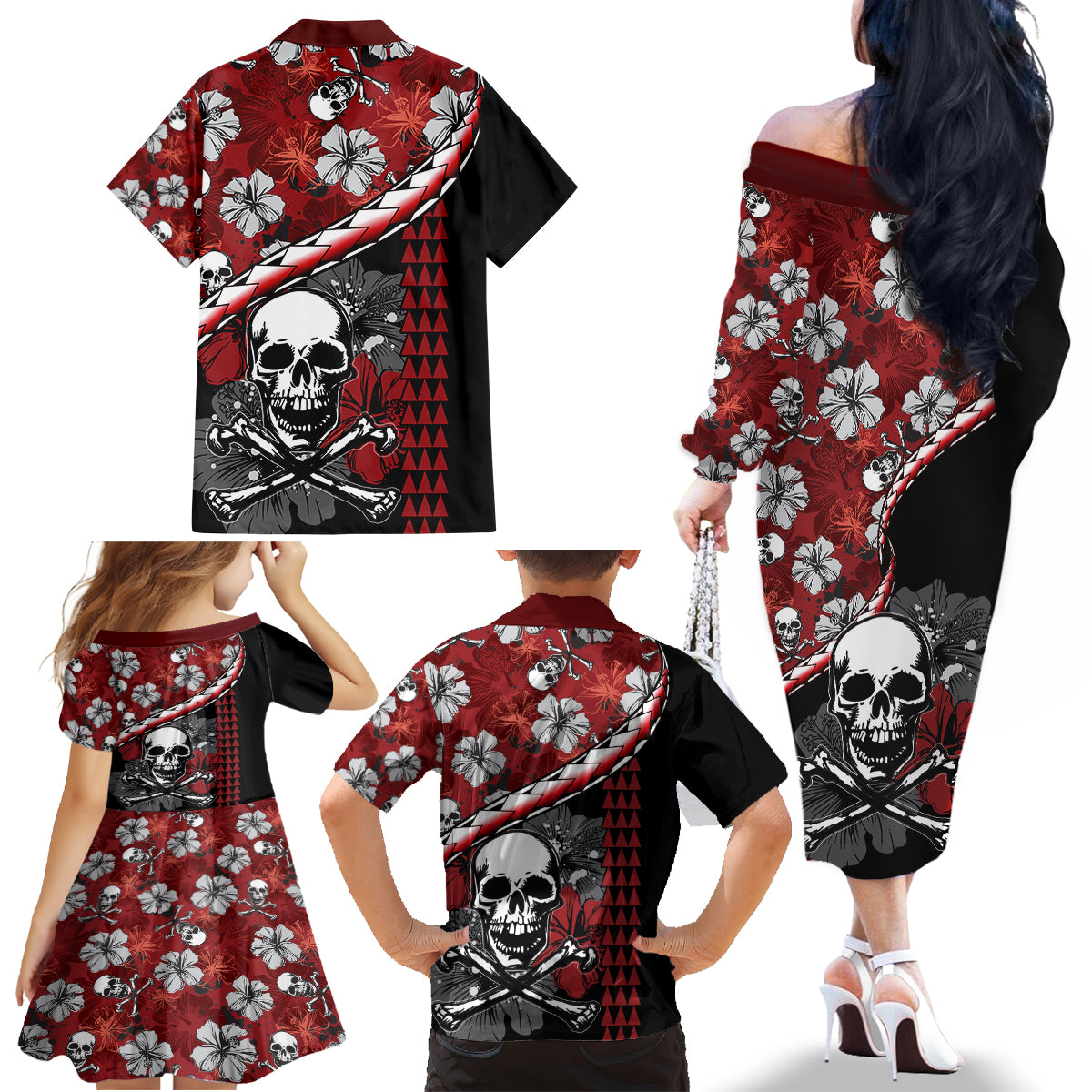 Hawaii Halloween Family Matching Off Shoulder Long Sleeve Dress and Hawaiian Shirt Hibiscus Skull Kakau Pattern - Wonder Print Shop