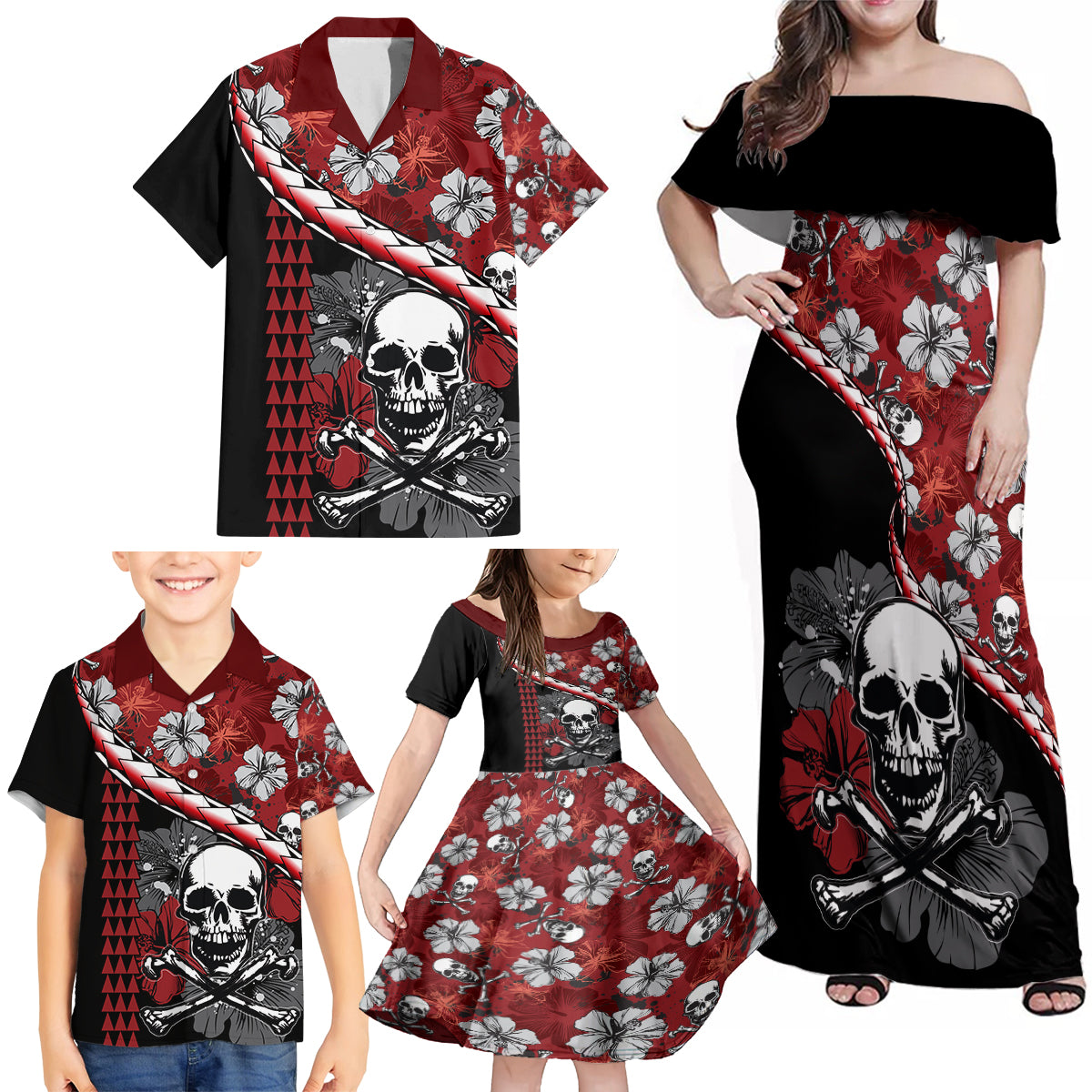 Hawaii Halloween Family Matching Off Shoulder Maxi Dress and Hawaiian Shirt Hibiscus Skull Kakau Pattern - Wonder Print Shop