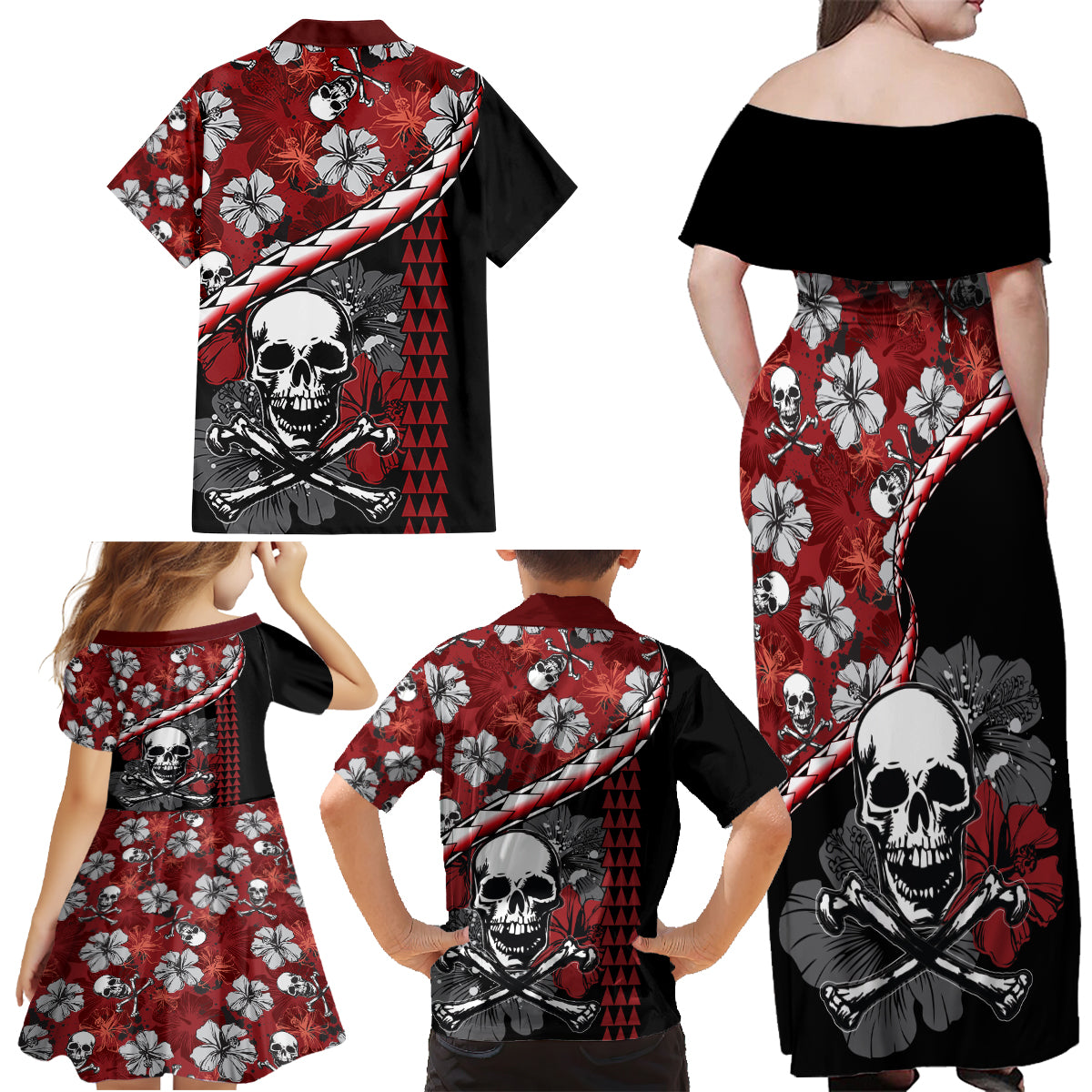 Hawaii Halloween Family Matching Off Shoulder Maxi Dress and Hawaiian Shirt Hibiscus Skull Kakau Pattern - Wonder Print Shop