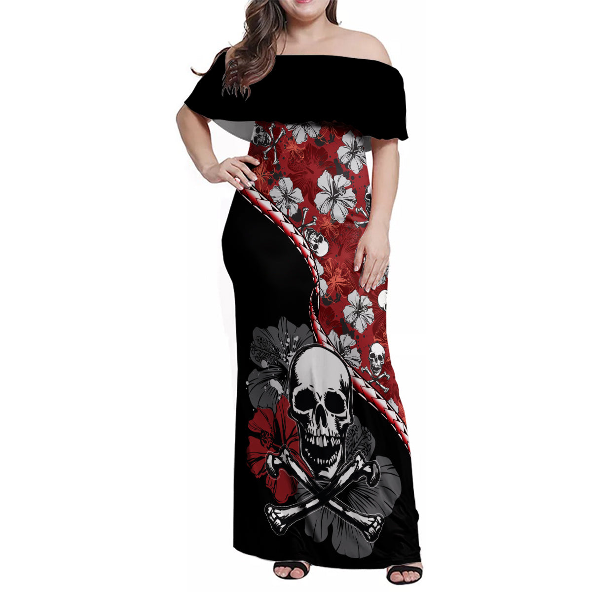 Hawaii Halloween Family Matching Off Shoulder Maxi Dress and Hawaiian Shirt Hibiscus Skull Kakau Pattern - Wonder Print Shop