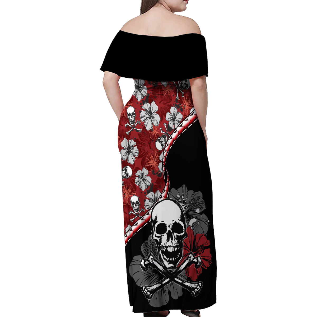 Hawaii Halloween Family Matching Off Shoulder Maxi Dress and Hawaiian Shirt Hibiscus Skull Kakau Pattern - Wonder Print Shop
