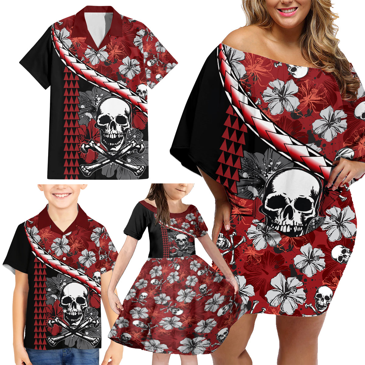 Hawaii Halloween Family Matching Off Shoulder Short Dress and Hawaiian Shirt Hibiscus Skull Kakau Pattern - Wonder Print Shop