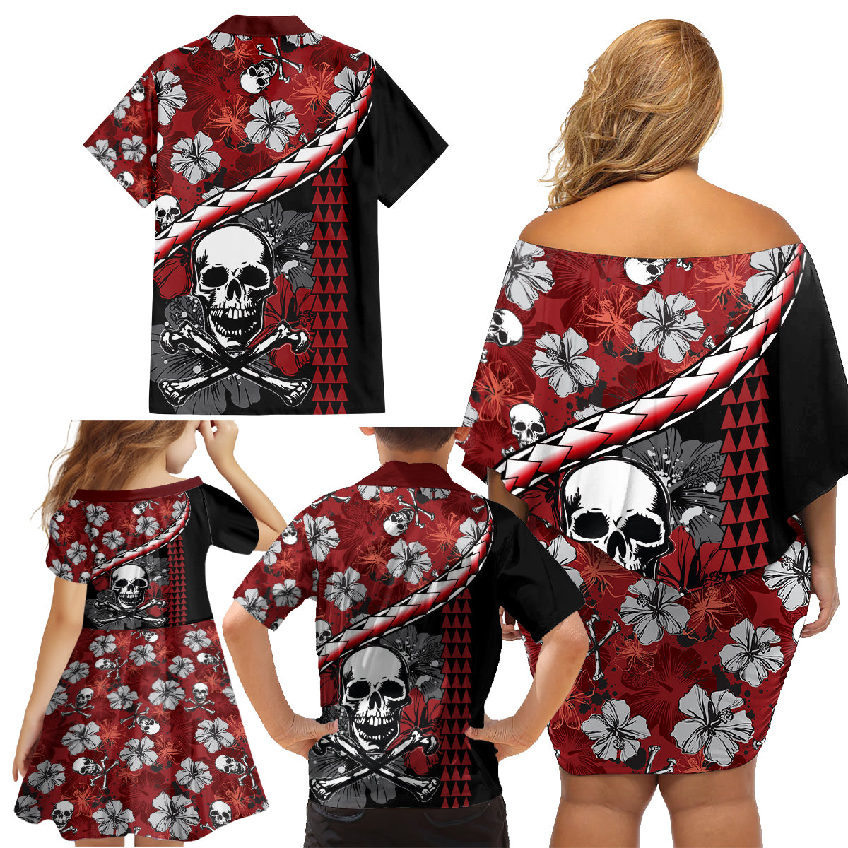 Hawaii Halloween Family Matching Off Shoulder Short Dress and Hawaiian Shirt Hibiscus Skull Kakau Pattern - Wonder Print Shop