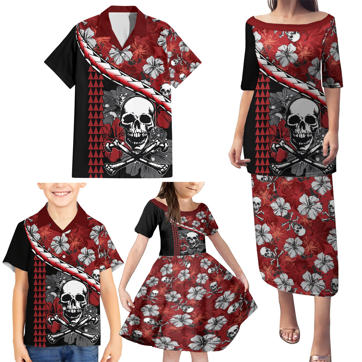 Hawaii Halloween Family Matching Puletasi Dress and Hawaiian Shirt Hibiscus Skull Kakau Pattern - Wonder Print Shop
