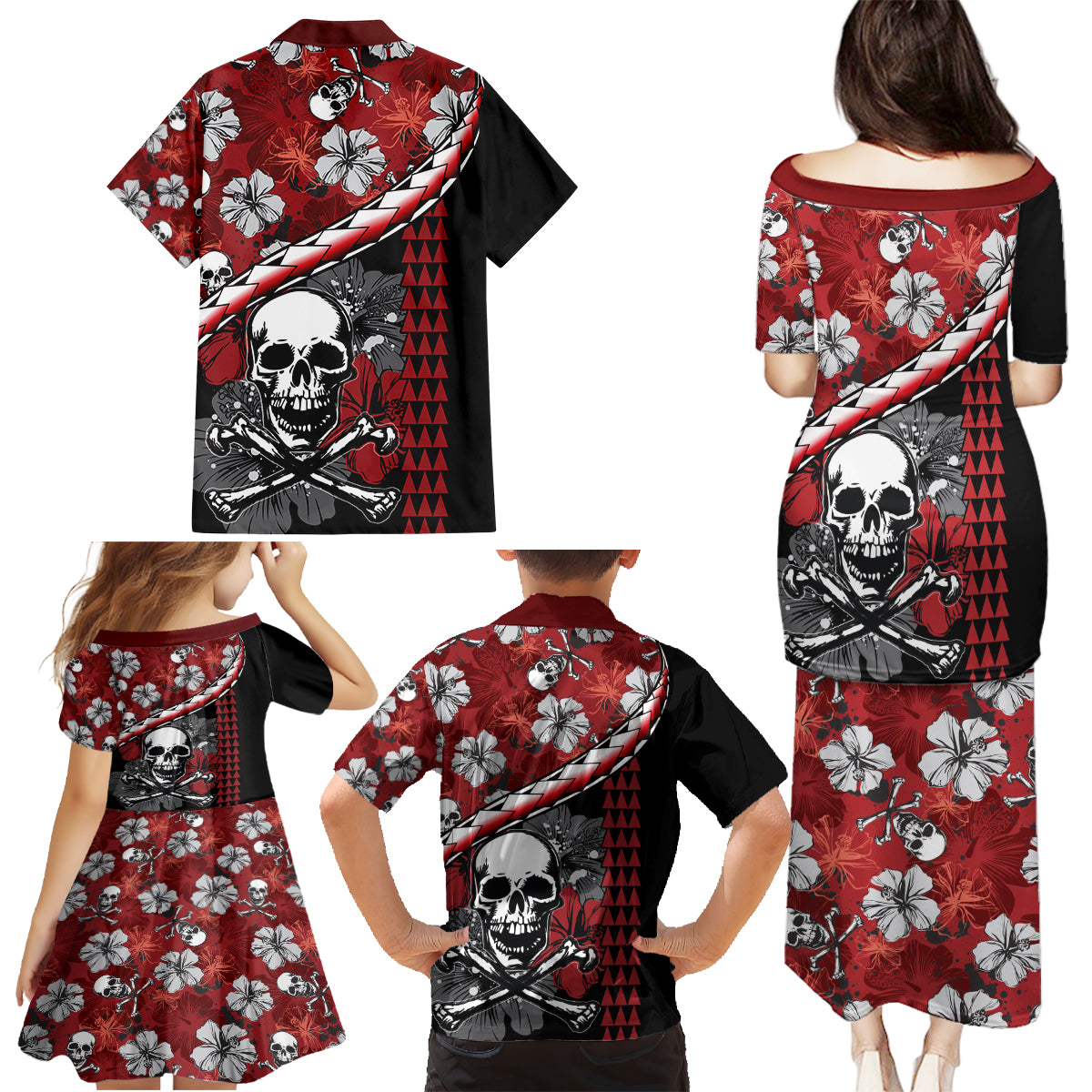 Hawaii Halloween Family Matching Puletasi Dress and Hawaiian Shirt Hibiscus Skull Kakau Pattern - Wonder Print Shop
