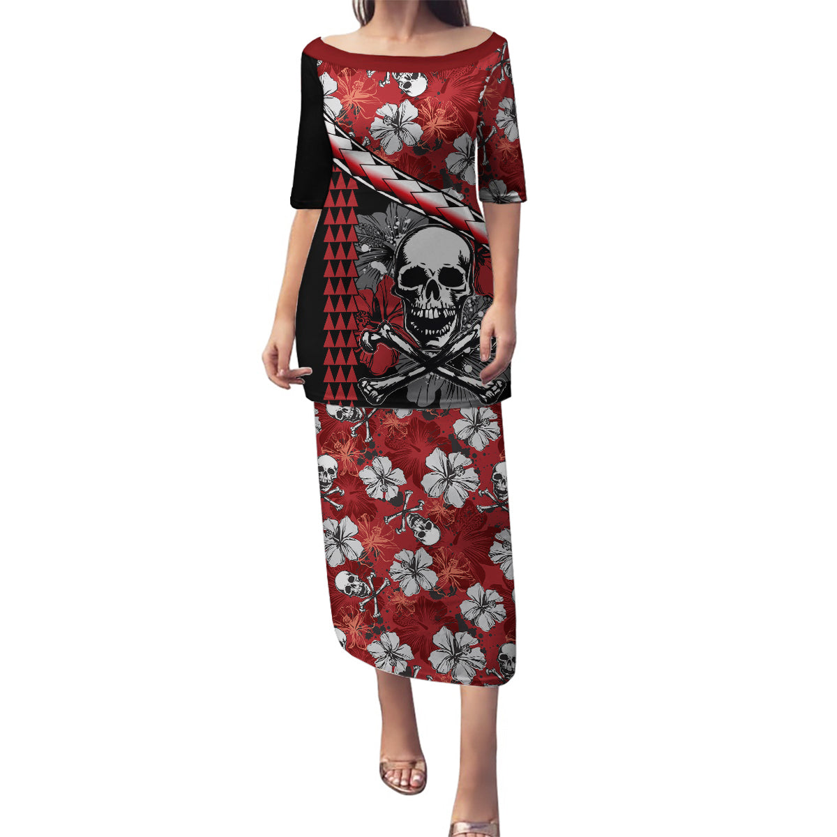 Hawaii Halloween Family Matching Puletasi Dress and Hawaiian Shirt Hibiscus Skull Kakau Pattern - Wonder Print Shop