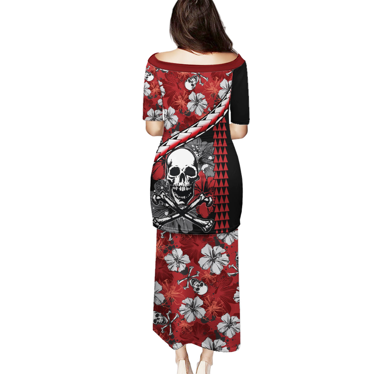 Hawaii Halloween Family Matching Puletasi Dress and Hawaiian Shirt Hibiscus Skull Kakau Pattern - Wonder Print Shop