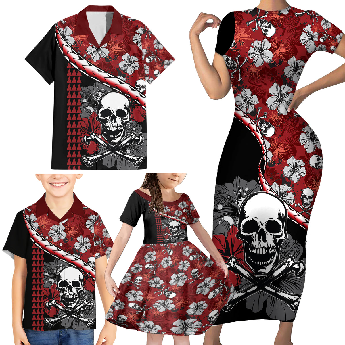 Hawaii Halloween Family Matching Short Sleeve Bodycon Dress and Hawaiian Shirt Hibiscus Skull Kakau Pattern - Wonder Print Shop