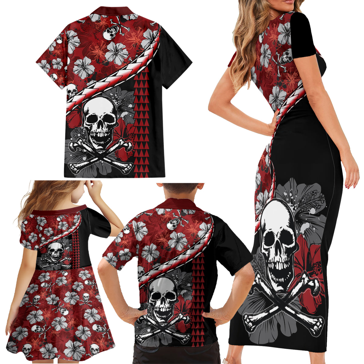 Hawaii Halloween Family Matching Short Sleeve Bodycon Dress and Hawaiian Shirt Hibiscus Skull Kakau Pattern - Wonder Print Shop