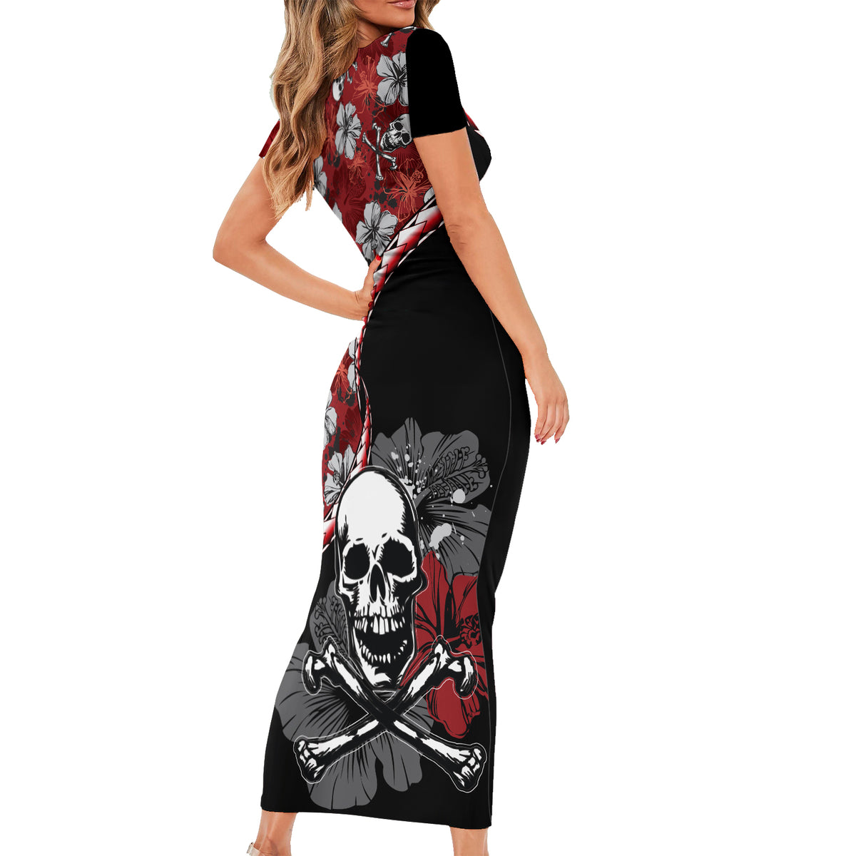 Hawaii Halloween Family Matching Short Sleeve Bodycon Dress and Hawaiian Shirt Hibiscus Skull Kakau Pattern - Wonder Print Shop