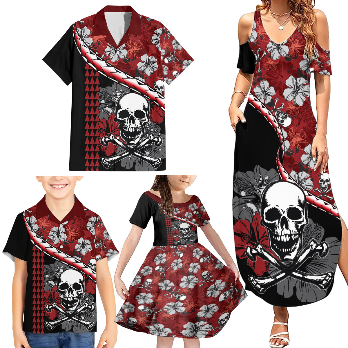 Hawaii Halloween Family Matching Summer Maxi Dress and Hawaiian Shirt Hibiscus Skull Kakau Pattern - Wonder Print Shop