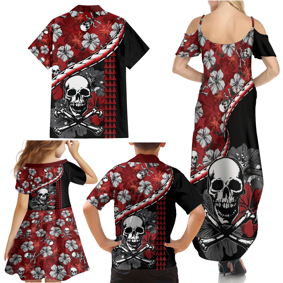 Hawaii Halloween Family Matching Summer Maxi Dress and Hawaiian Shirt Hibiscus Skull Kakau Pattern - Wonder Print Shop