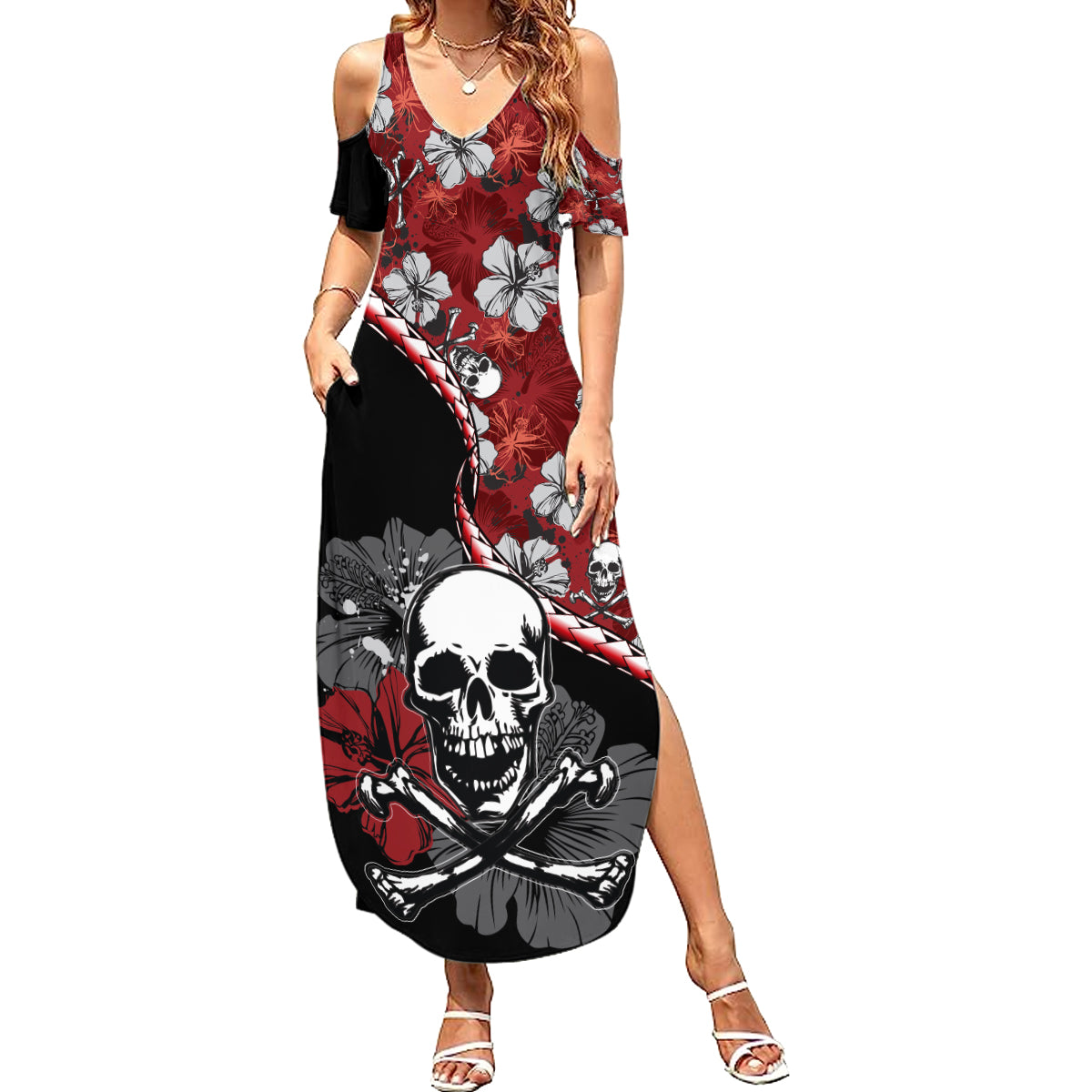 Hawaii Halloween Family Matching Summer Maxi Dress and Hawaiian Shirt Hibiscus Skull Kakau Pattern - Wonder Print Shop