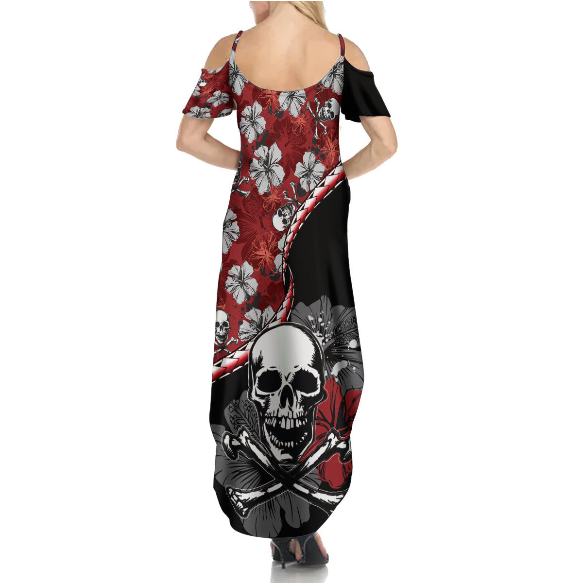 Hawaii Halloween Family Matching Summer Maxi Dress and Hawaiian Shirt Hibiscus Skull Kakau Pattern - Wonder Print Shop
