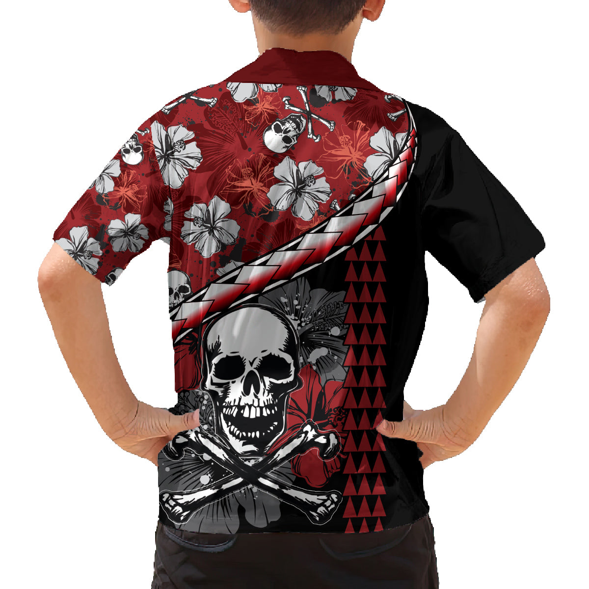 Hawaii Halloween Family Matching Tank Maxi Dress and Hawaiian Shirt Hibiscus Skull Kakau Pattern - Wonder Print Shop