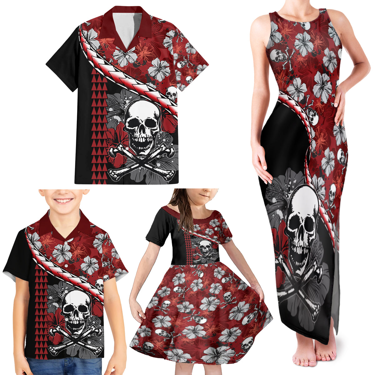 Hawaii Halloween Family Matching Tank Maxi Dress and Hawaiian Shirt Hibiscus Skull Kakau Pattern - Wonder Print Shop