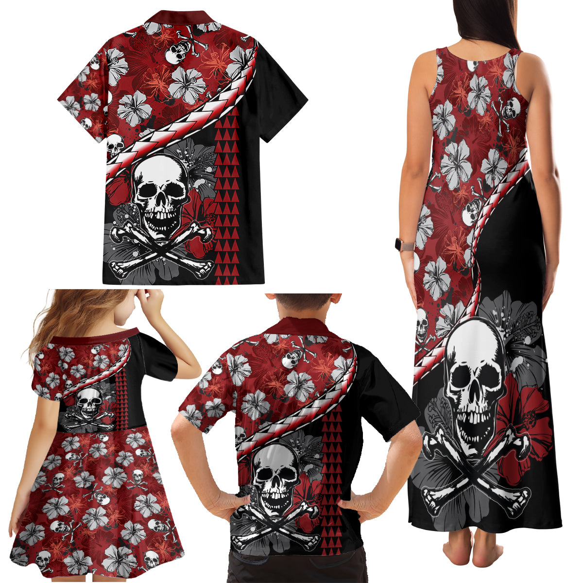 Hawaii Halloween Family Matching Tank Maxi Dress and Hawaiian Shirt Hibiscus Skull Kakau Pattern - Wonder Print Shop
