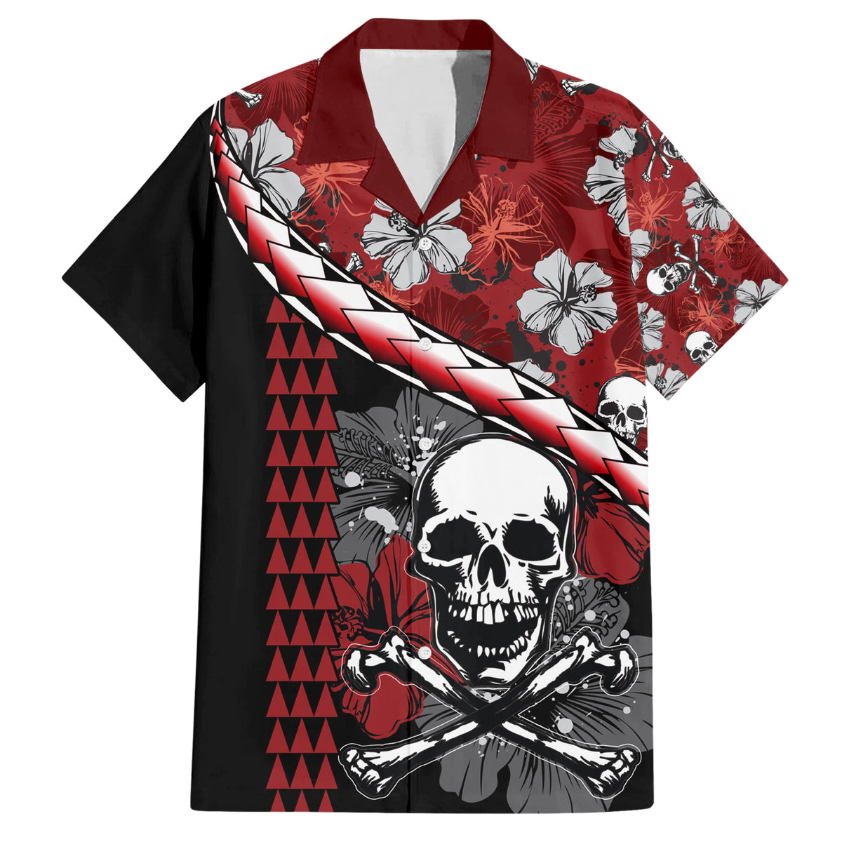 Hawaii Halloween Hawaiian Shirt Hibiscus Skull Kakau Pattern - Wonder Print Shop