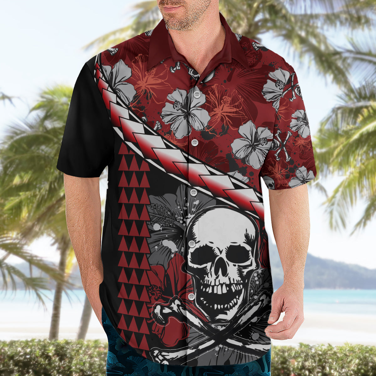 Hawaii Halloween Hawaiian Shirt Hibiscus Skull Kakau Pattern - Wonder Print Shop