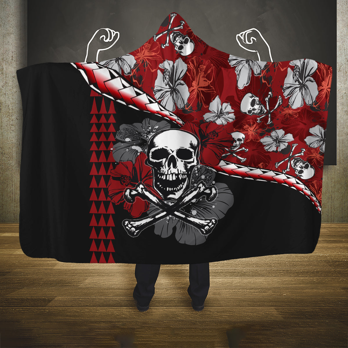 hawaii-halloween-hooded-blanket-hibiscus-skull-kakau-pattern
