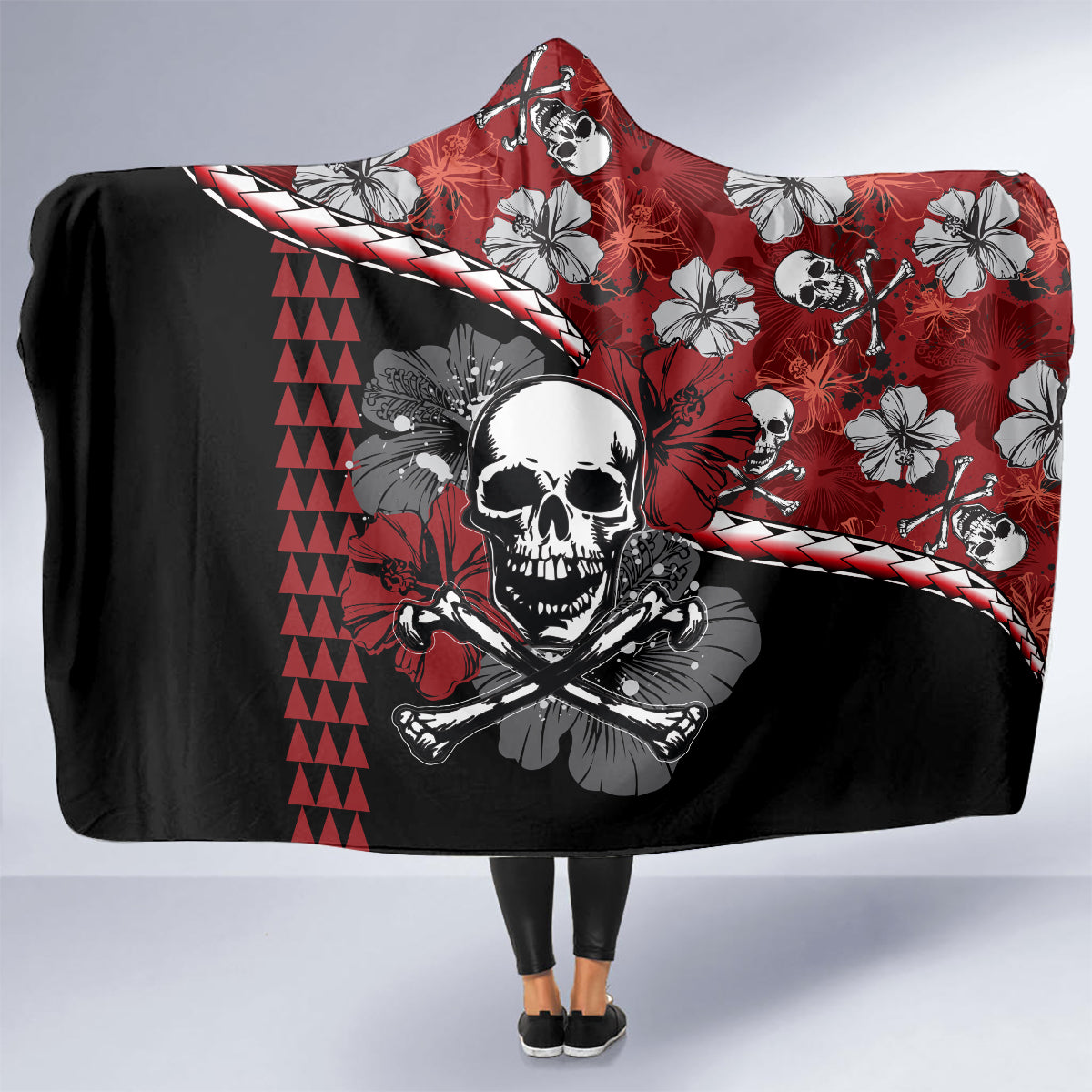 hawaii-halloween-hooded-blanket-hibiscus-skull-kakau-pattern