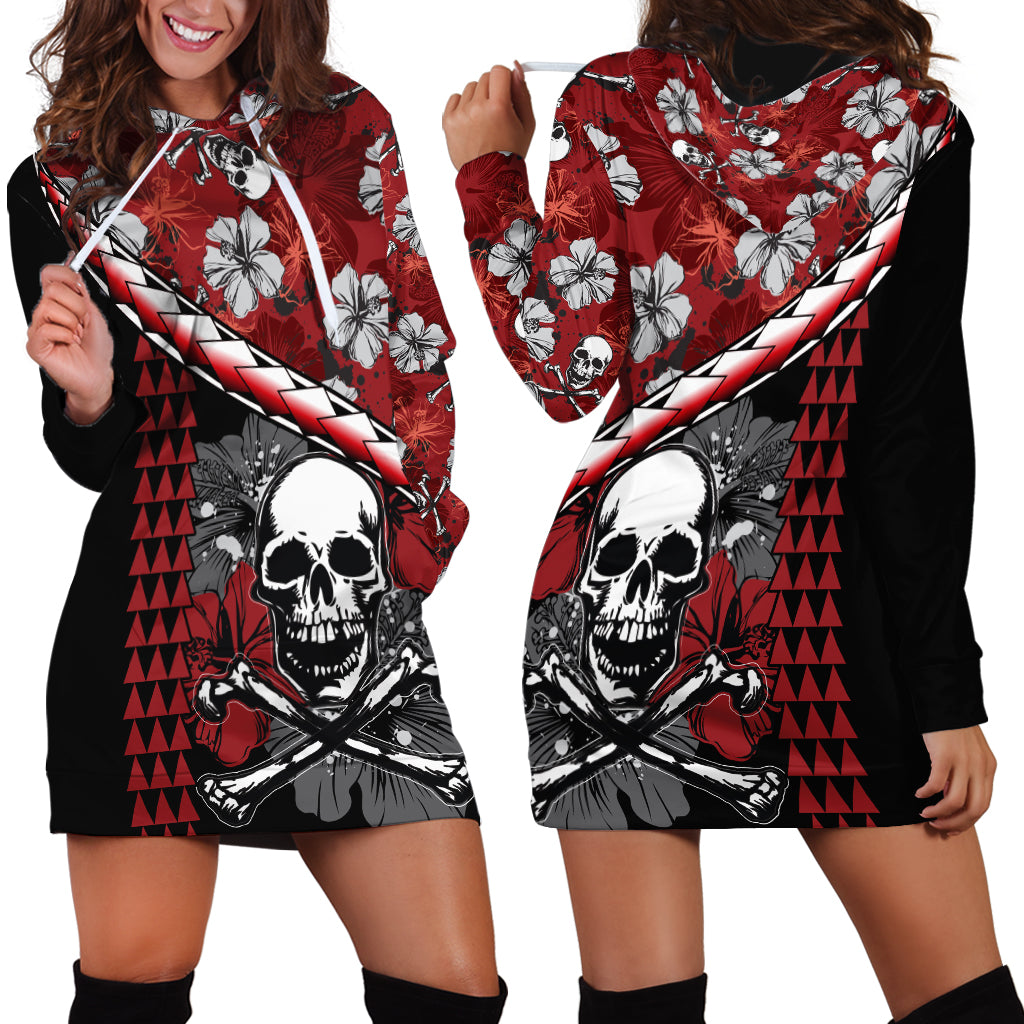 Hawaii Halloween Hoodie Dress Hibiscus Skull Kakau Pattern - Wonder Print Shop