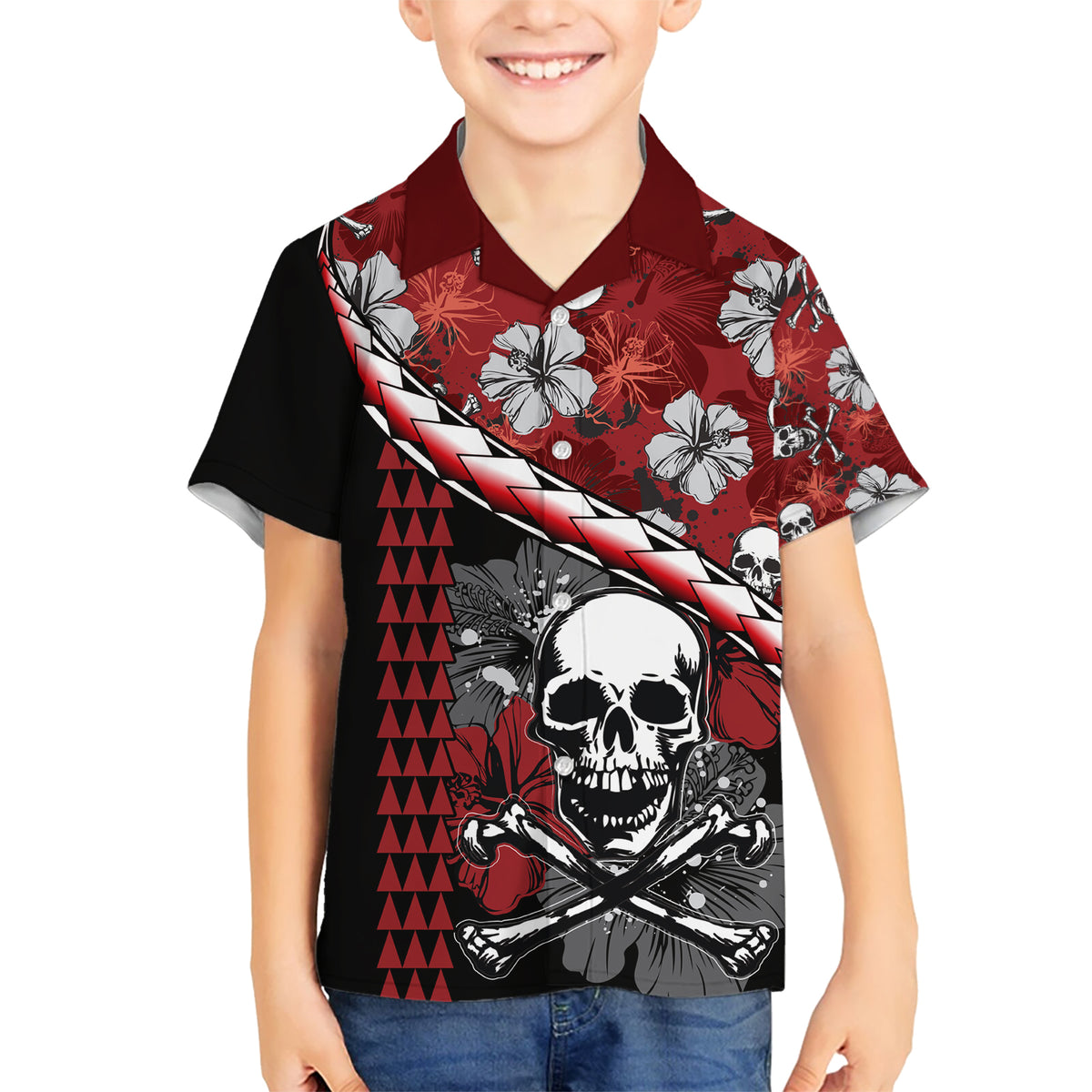 Hawaii Halloween Kid Hawaiian Shirt Hibiscus Skull Kakau Pattern - Wonder Print Shop