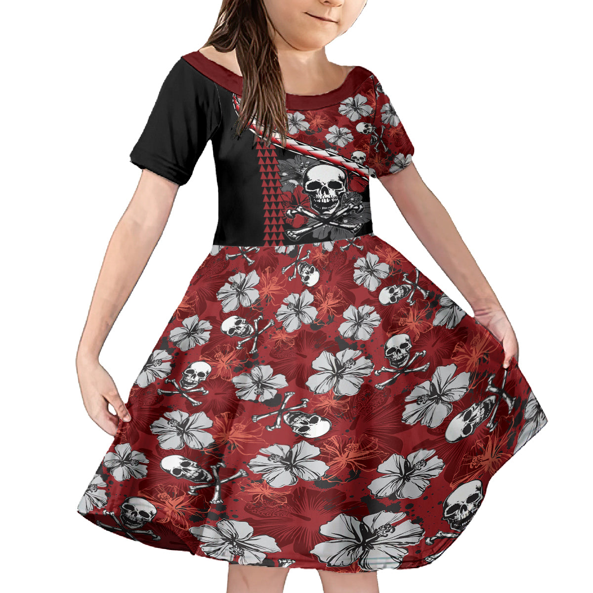 Hawaii Halloween Kid Short Sleeve Dress Hibiscus Skull Kakau Pattern - Wonder Print Shop