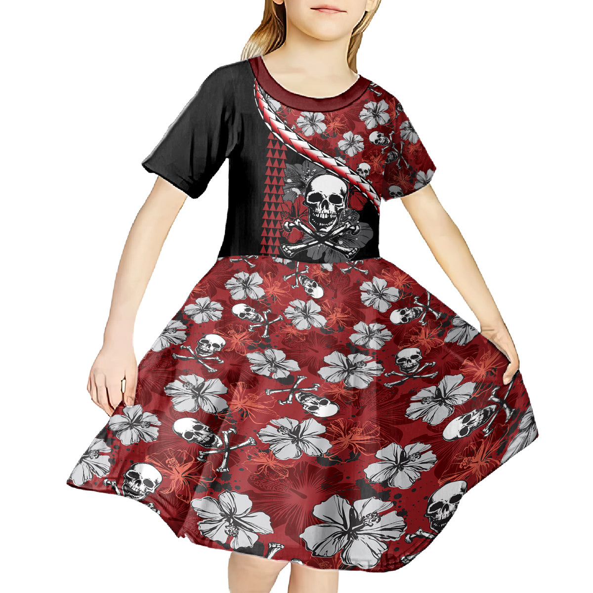 Hawaii Halloween Kid Short Sleeve Dress Hibiscus Skull Kakau Pattern - Wonder Print Shop