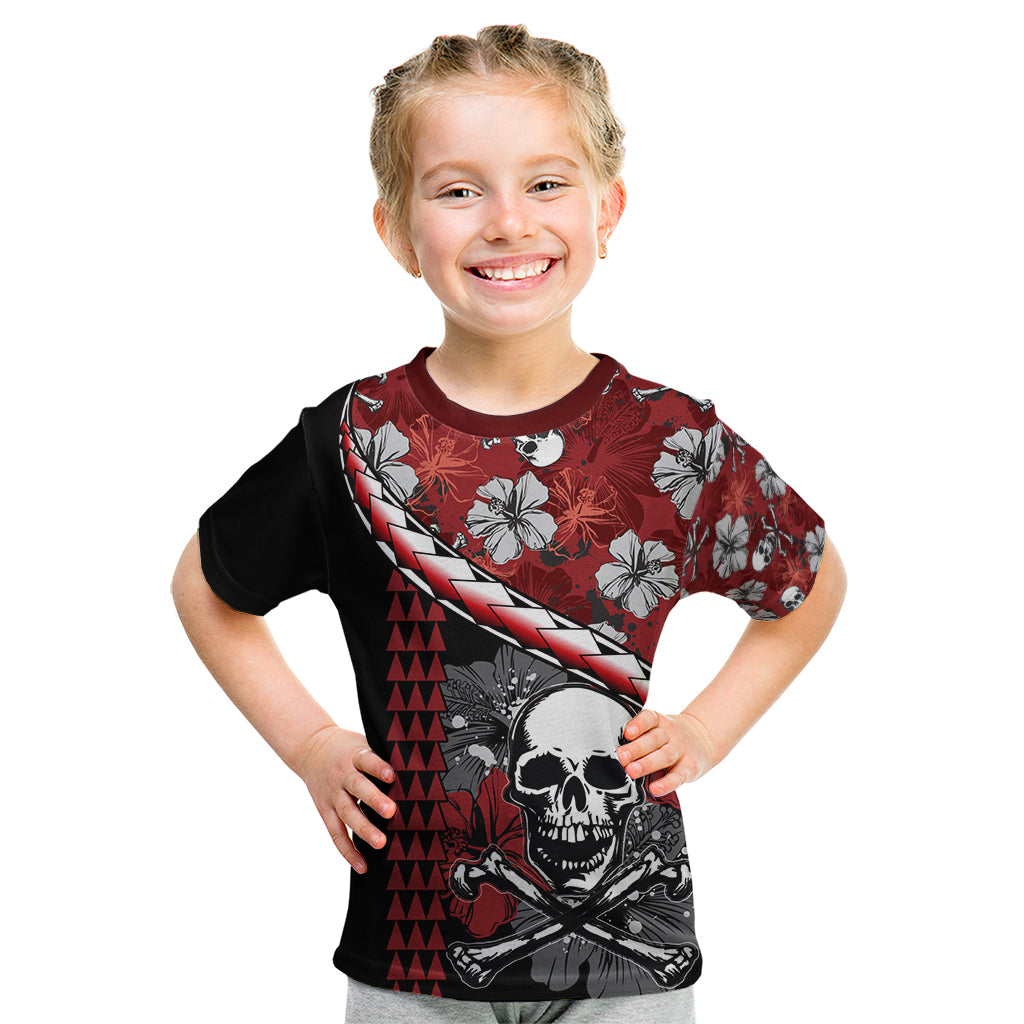 Hawaii Halloween Kid T Shirt Hibiscus Skull Kakau Pattern - Wonder Print Shop
