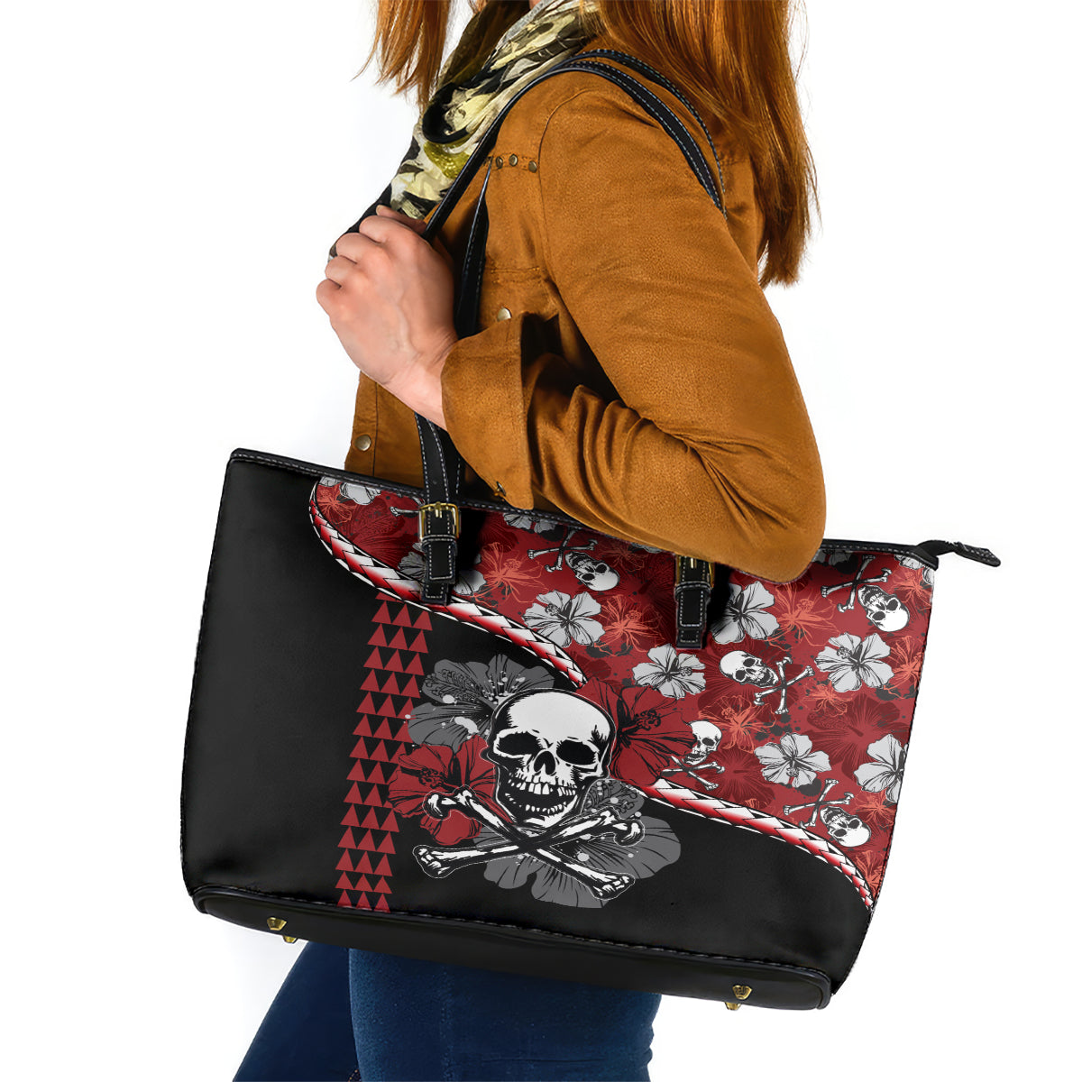 Hawaii Halloween Leather Tote Bag Hibiscus Skull Kakau Pattern - Wonder Print Shop