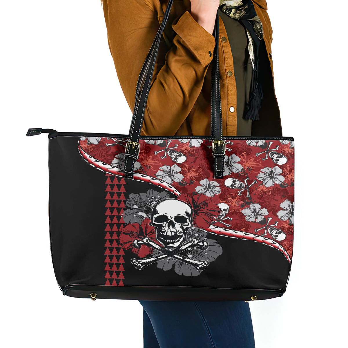 Hawaii Halloween Leather Tote Bag Hibiscus Skull Kakau Pattern - Wonder Print Shop