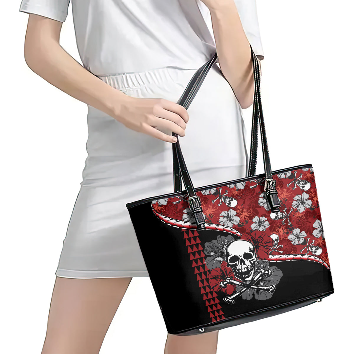 Hawaii Halloween Leather Tote Bag Hibiscus Skull Kakau Pattern - Wonder Print Shop