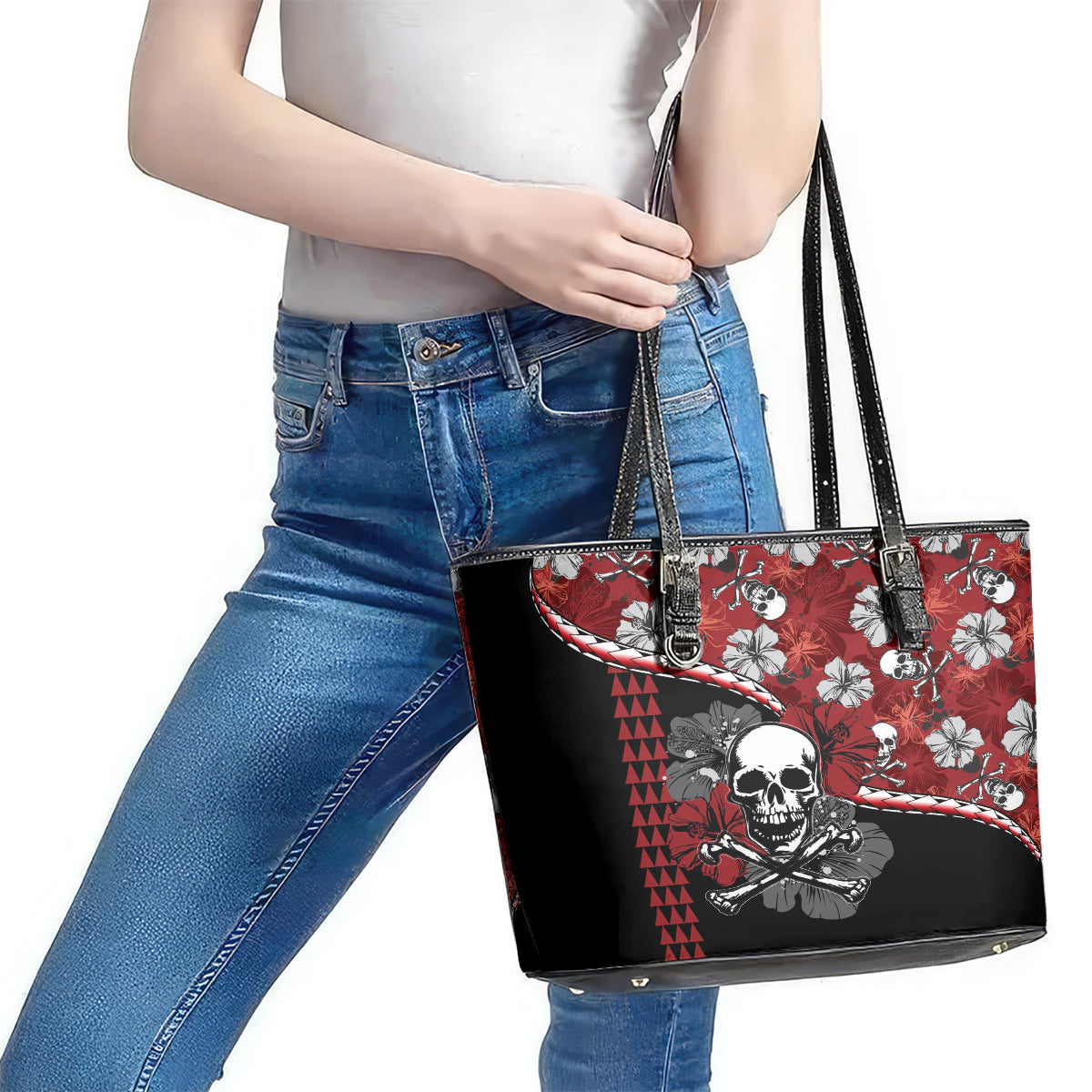 Hawaii Halloween Leather Tote Bag Hibiscus Skull Kakau Pattern - Wonder Print Shop